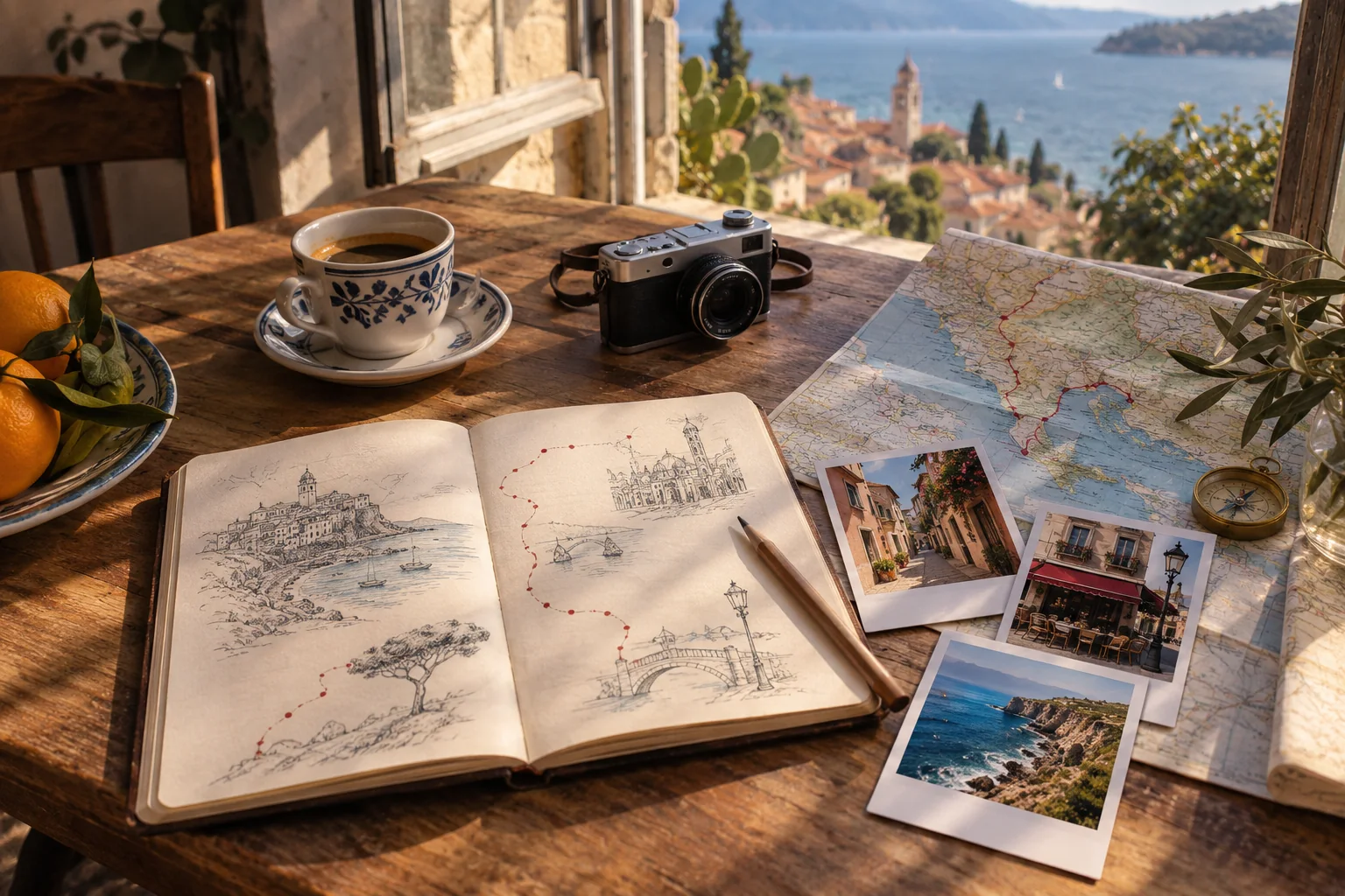 Cuaderno de viaje, mapa, cámara y fotografías sobre una mesa frente al Mediterráneo